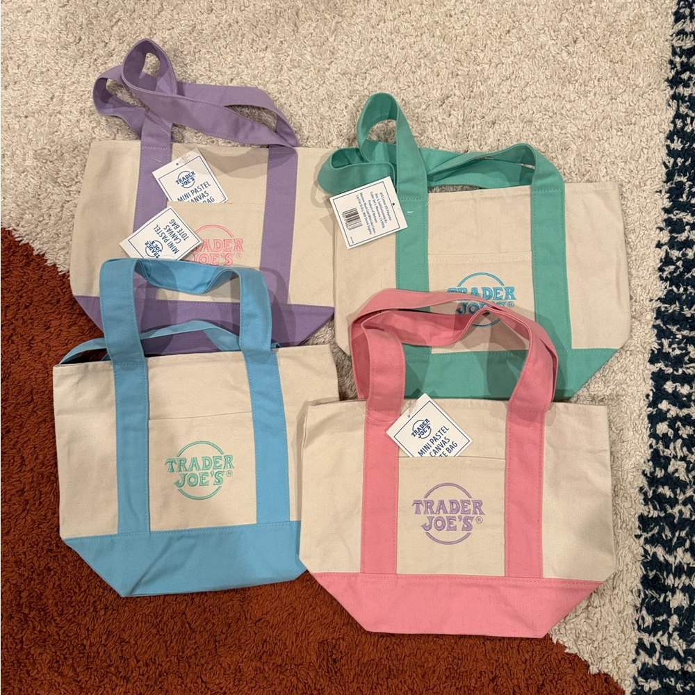 Trader Joe Mini canvas Tote Set of four Purple Pink Green Blue